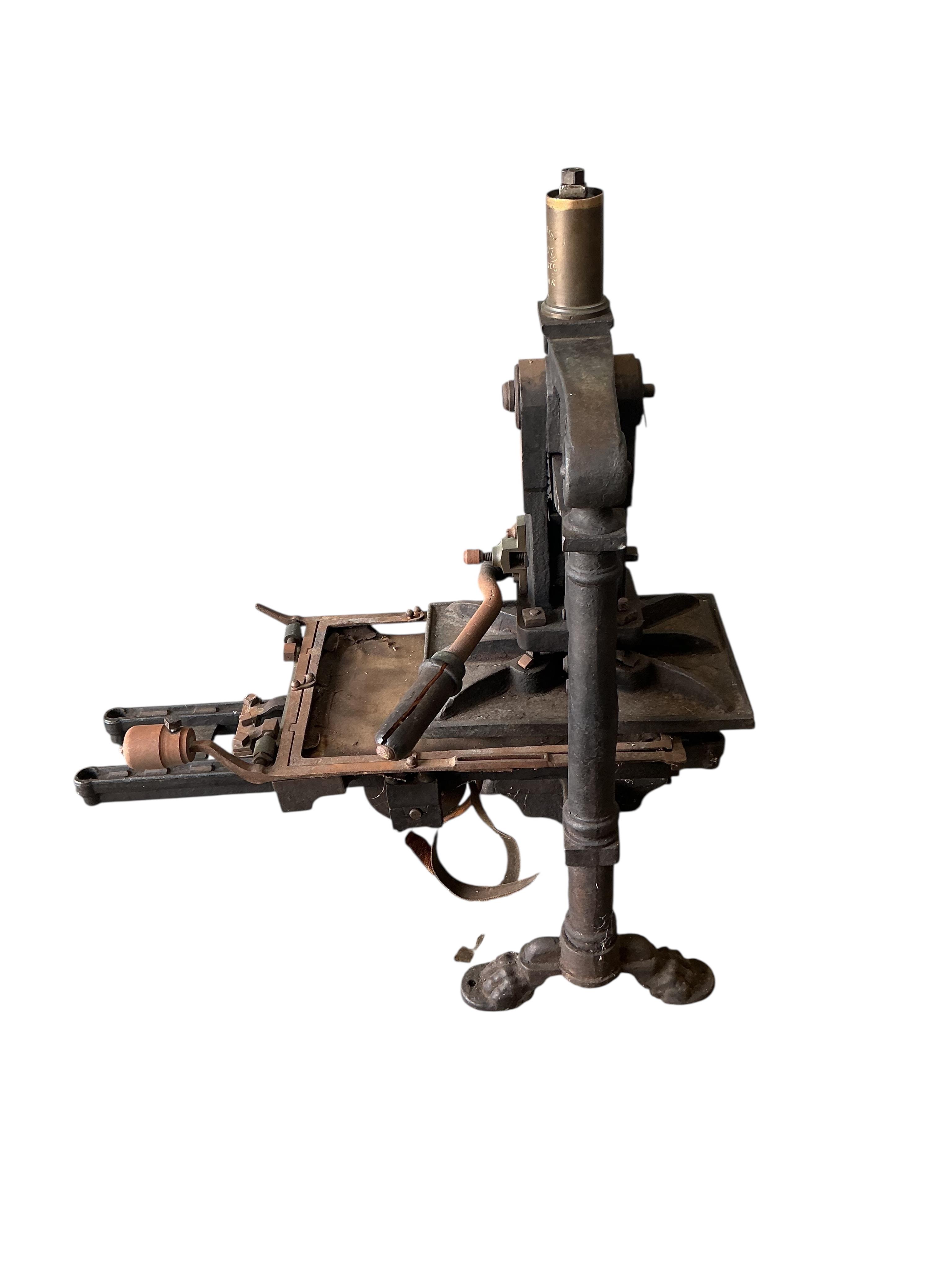 A large Victorian Albion cast iron printing press (for restoration),dated 1851, width 88cm, height 100cm. Provenance: This was the property of the printmaker and designer Jeffery Matthews.